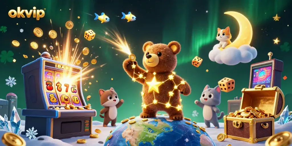 Engage with okvip's thrilling gameplay in a vibrant, starry casino scene featuring dynamic slot machines and golden treasures.