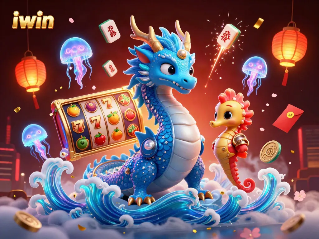 Engage with the iwin fantasy world, featuring a magnificent azure dragon and vibrant casino elements.