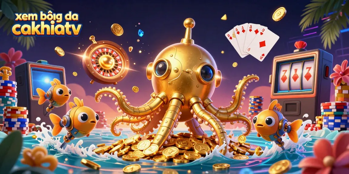 Experience xem bóng đá cakhiatv with dynamic golden kraken, vibrant slot reels, and lively casino elements.