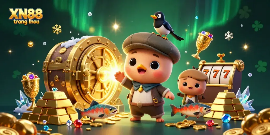Play and win at XN88 trang chủ with vibrant 3D casino-themed characters, treasure, and gaming elements.