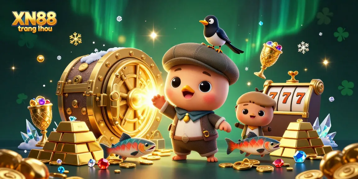 Play and win at XN88 trang chủ with vibrant 3D casino-themed characters, treasure, and gaming elements.