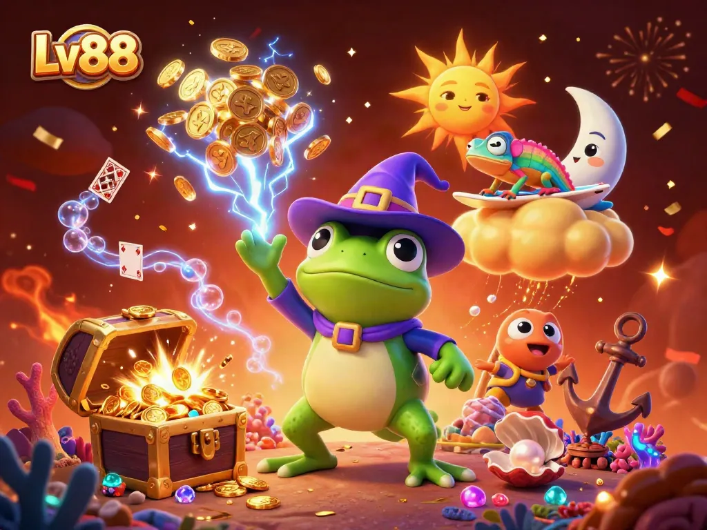 Engage with exciting gaming adventures at Lv88 as the wizard frog conjures coins among vibrant casino elements.