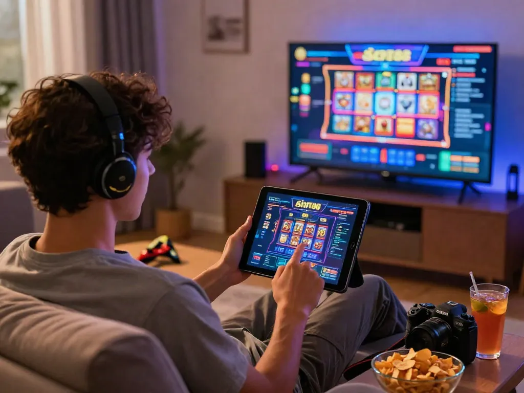 Engaging gaming scene with a user playing slot88 on a tablet in a cozy atmosphere.