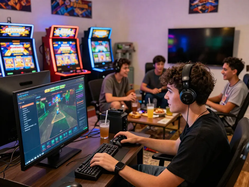 Group of players enjoying slot gacor games at home with vibrant graphics and a lively atmosphere.