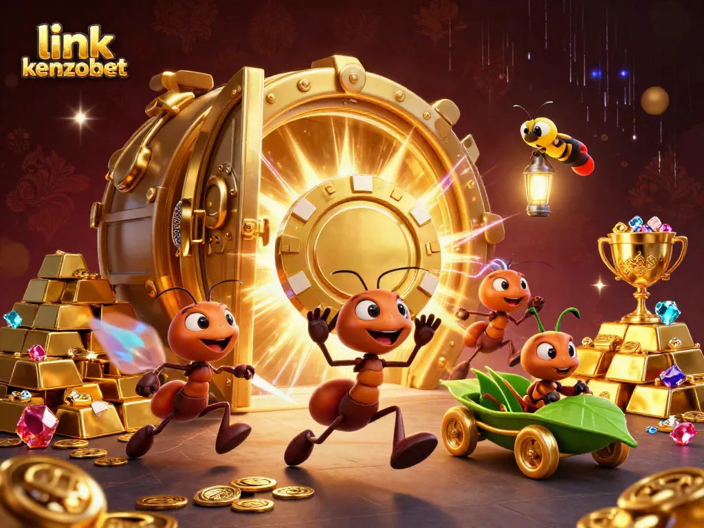 Explore the vibrant world of online gaming with link kenzobet, featuring ants on a golden poker chip heist.