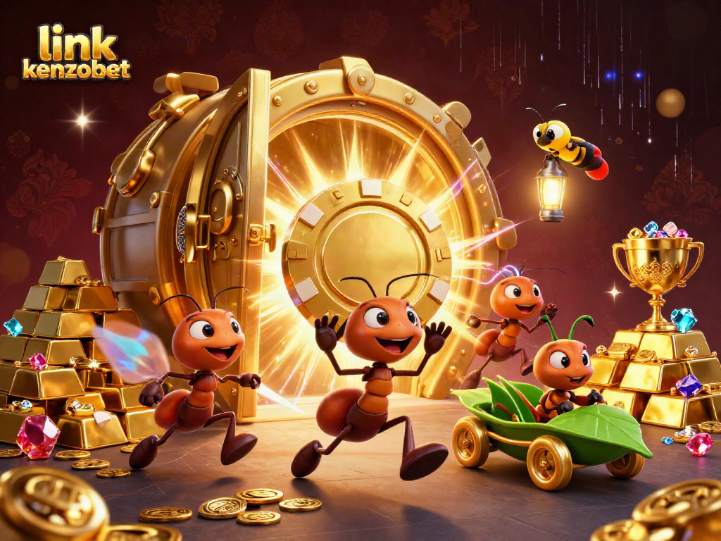 Explore the vibrant world of online gaming with link kenzobet, featuring ants on a golden poker chip heist.