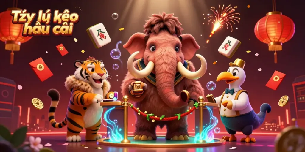 Experience the excitement of Tỷ lệ kèo nhà cái with a lively 3D scene showcasing vibrant characters and casino elements.
