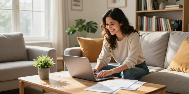 Friendly woman researching payday loans in cozy living room at https://calgary.paydayloans-on.ca/.