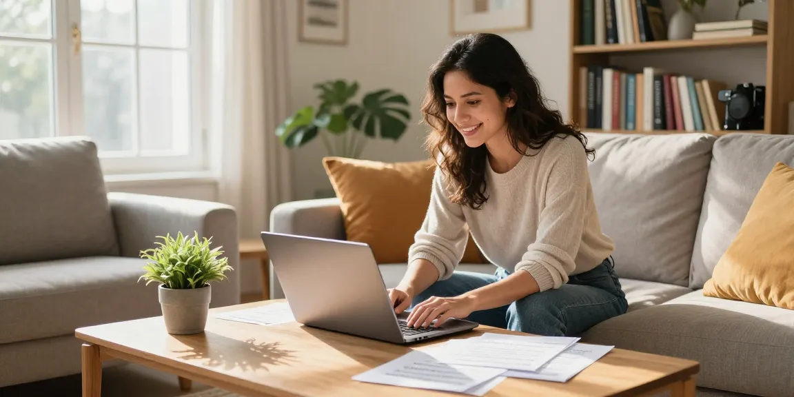 Friendly woman researching payday loans in cozy living room at https://calgary.paydayloans-on.ca/.