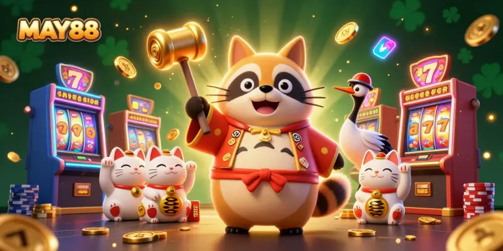 MAY88 slots excitement with a cheerful tanuki and lucky cats bringing dazzling gaming joy.
