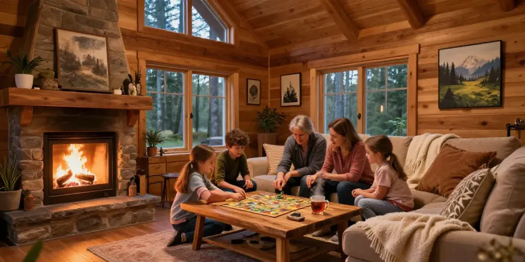 Cozy family gathering at kayu77 crafted wooden cabin with warm lighting.