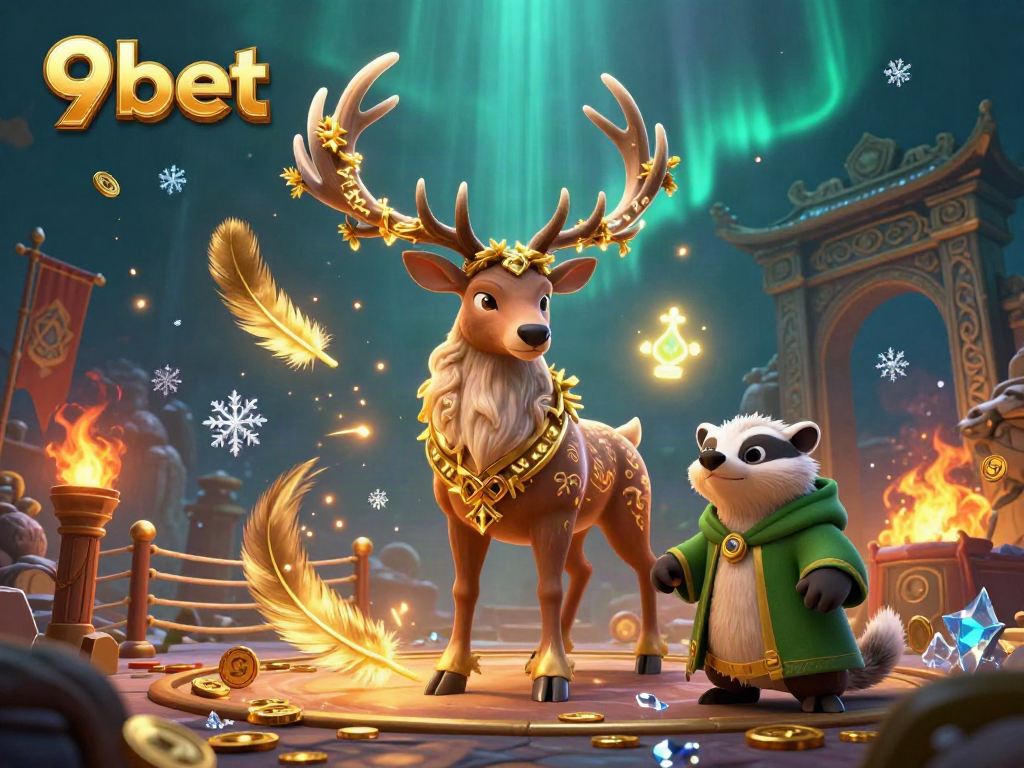 Experience the excitement of 9bet with a vibrant 3D casino scene featuring a druid stag and glowing elements.