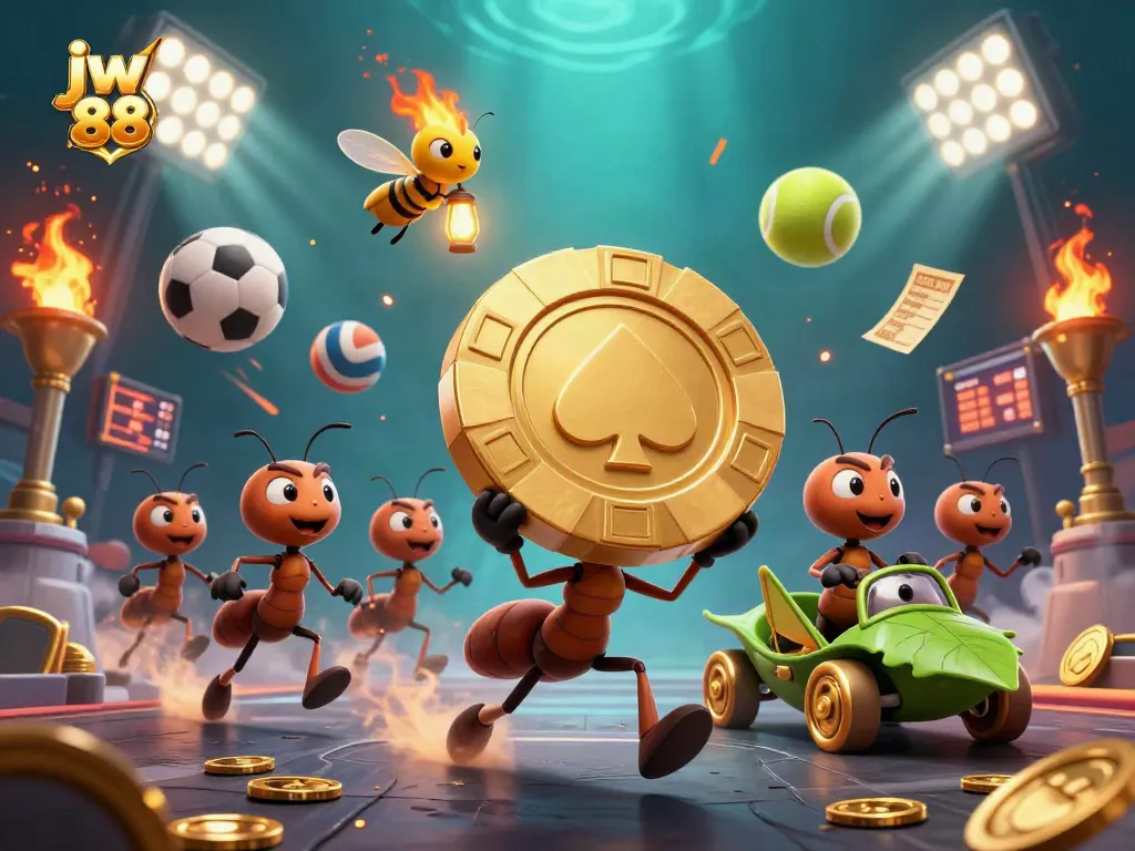 Experience the thrill of jw 88 with cartoon ants heisting a giant poker chip in a vibrant casino scene.