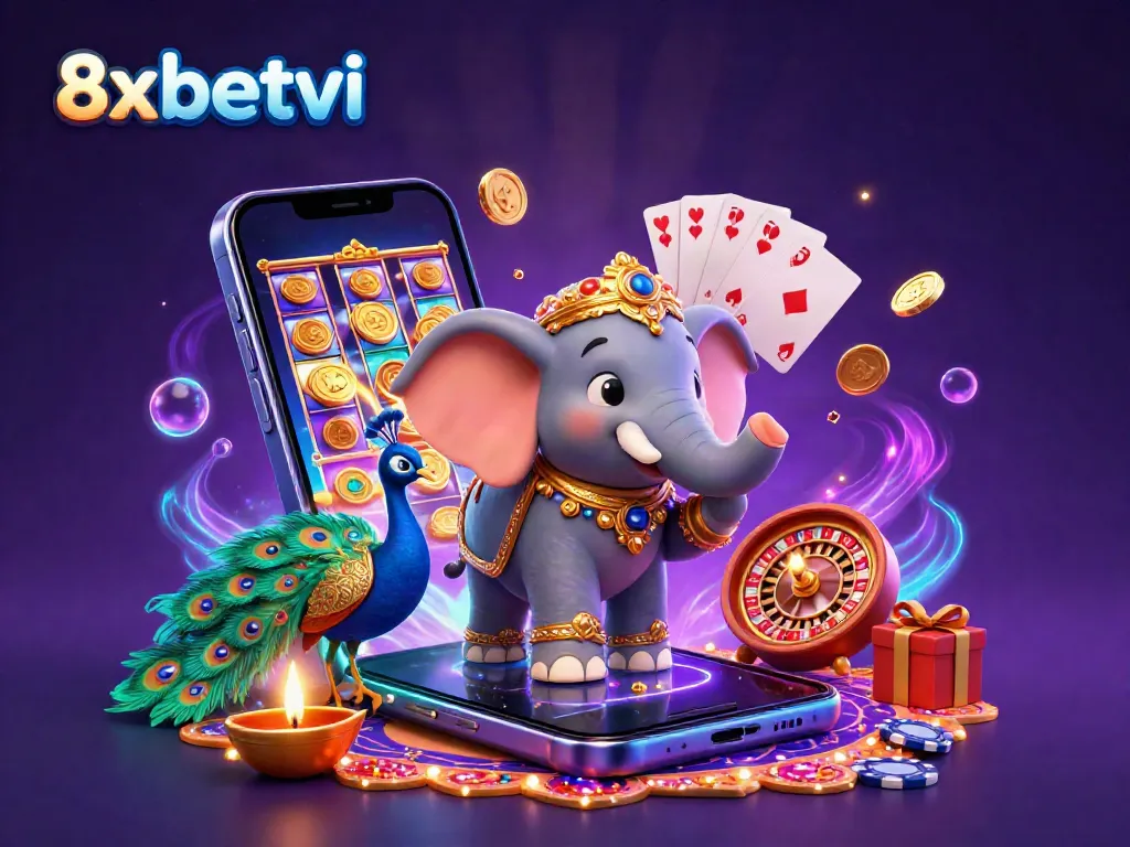 Experience thrilling gaming at 8xbetvi with a vibrant scene of an elephant and peacock surrounded by animated casino elements.