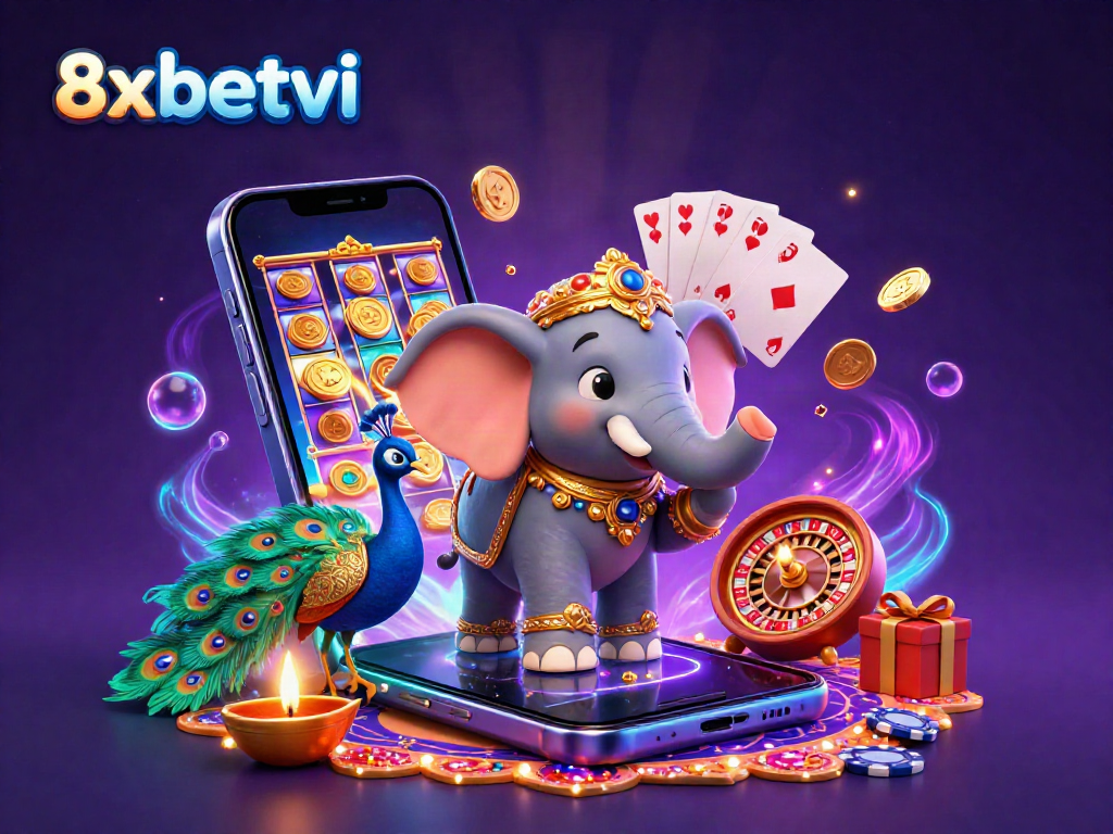 Experience thrilling gaming at 8xbetvi with a vibrant scene of an elephant and peacock surrounded by animated casino elements.