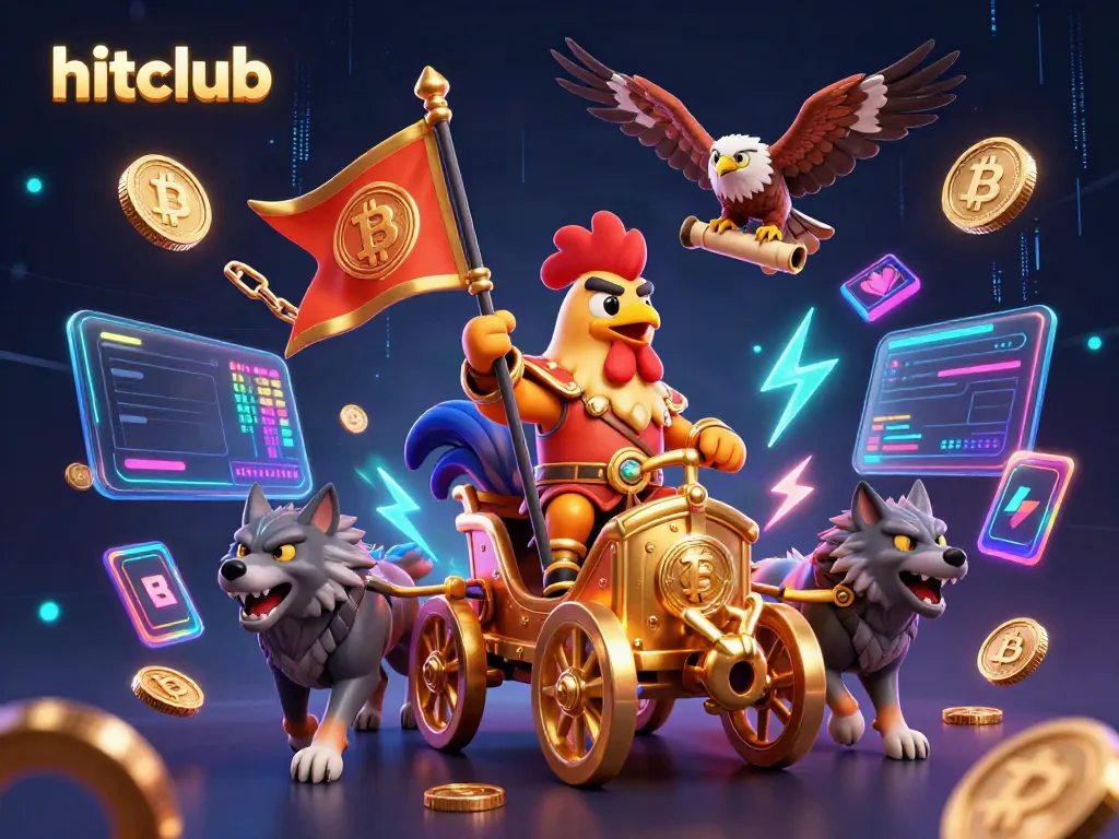 Engage in the excitement of hitclub, featuring a dynamic rooster warlord illustration and crypto elements.
