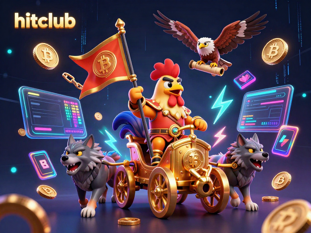Engage in the excitement of hitclub, featuring a dynamic rooster warlord illustration and crypto elements.