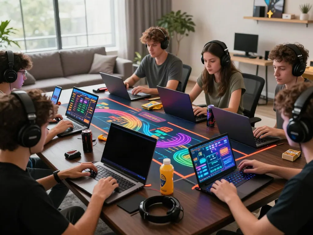 Players engaging with DA88 online casino games in a lively home office setting.