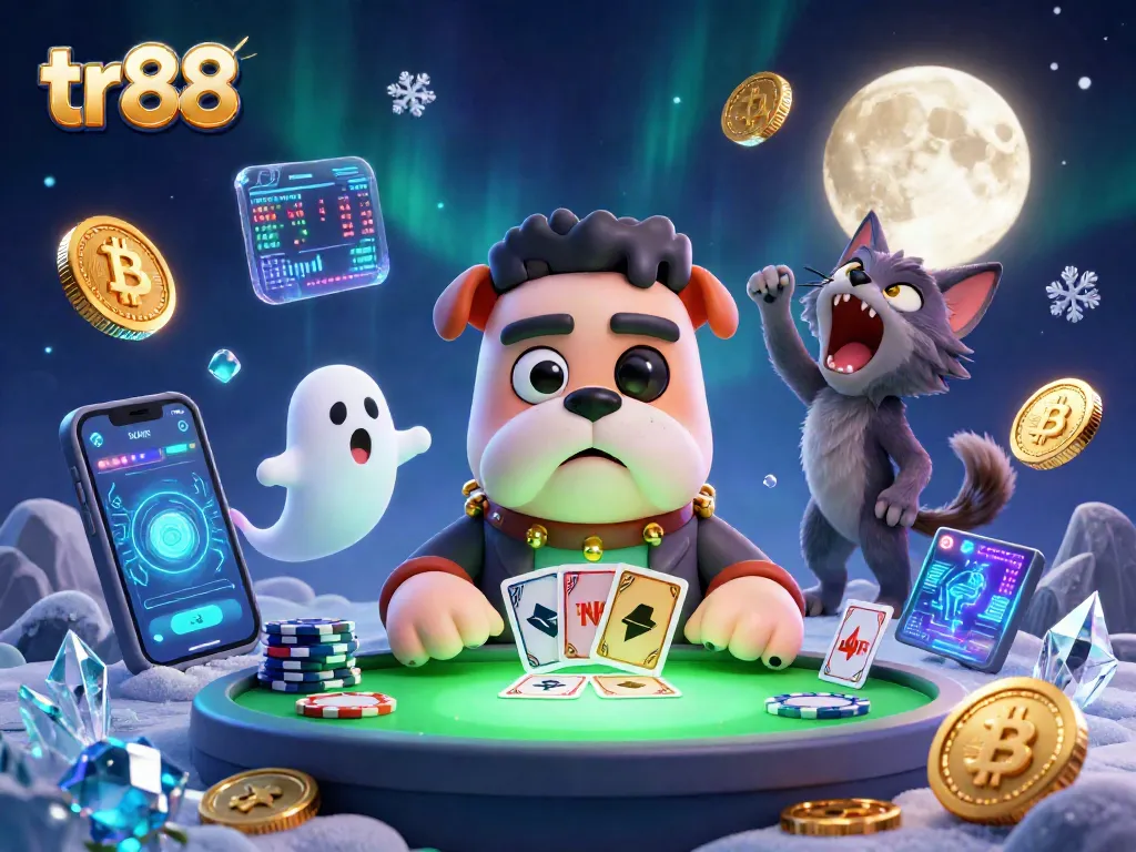 tr88 cartoon characters dealing cards, showcasing a vibrant casino atmosphere with ghostly elements.