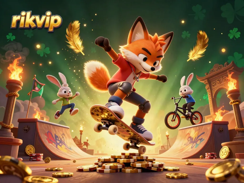 Experience the excitement of rkvip as a cartoon fox performs tricks amid vibrant casino-themed elements.