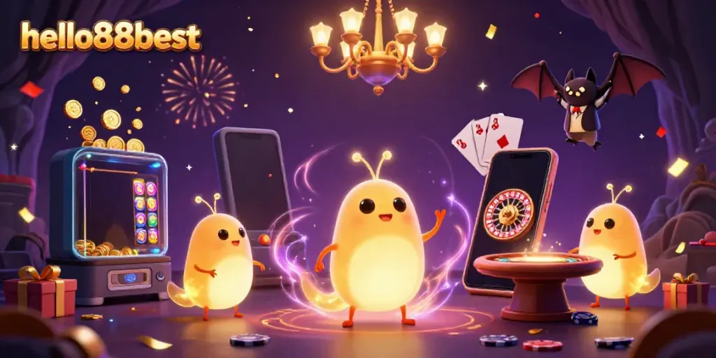 Experience the excitement of hello88best with glowing worms lighting a vibrant cave casino scene.