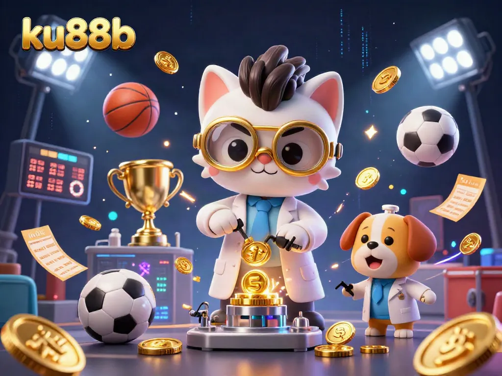 ku88b enhances the casino experience with dynamic sports balls and gold coins flying in an energetic illustration.