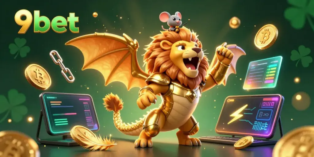 Experience thrilling victory with 9bet in an exciting 3D chimeric casino scene full of golden elements.
