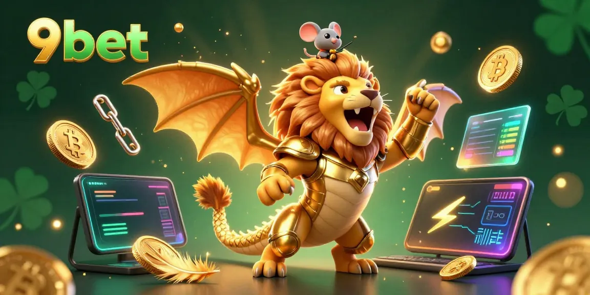 Experience thrilling victory with 9bet in an exciting 3D chimeric casino scene full of golden elements.