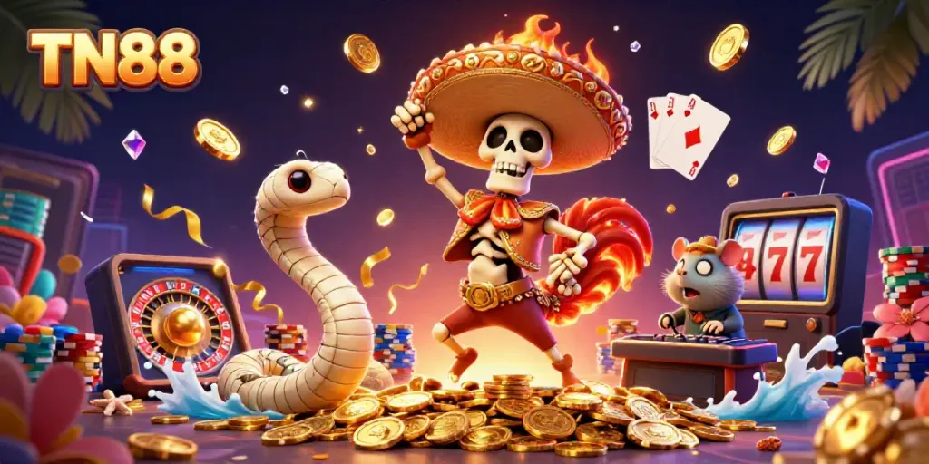 Celebrate big wins with TN88 in a lively casino scene filled with golden coins and vibrant characters.