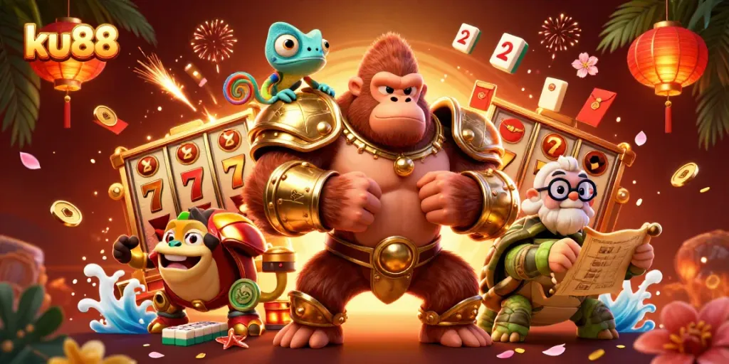 Play and win big with ku88: vibrant 3D cartoon scene featuring dynamic casino elements.