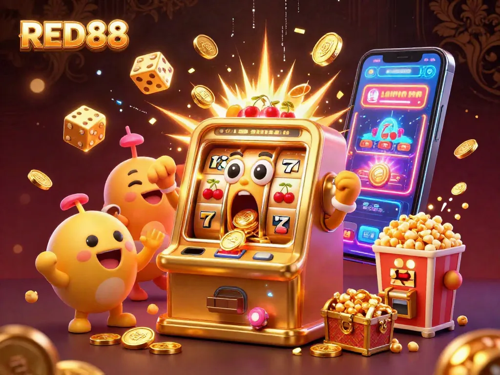 Experience RED88's jackpot excitement as a golden slot machine celebrates wins amid dazzling casino elements.