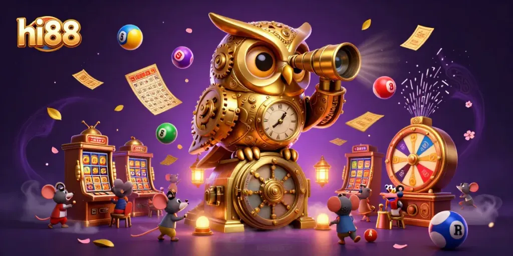 Experience hi88 with vibrant casino elements featuring a golden owl and lively gaming themes.