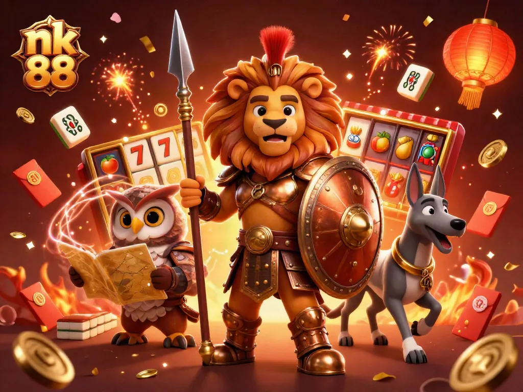 Spin the reels at nk 88 with vibrant characters and celebratory elements in a thrilling casino scene.