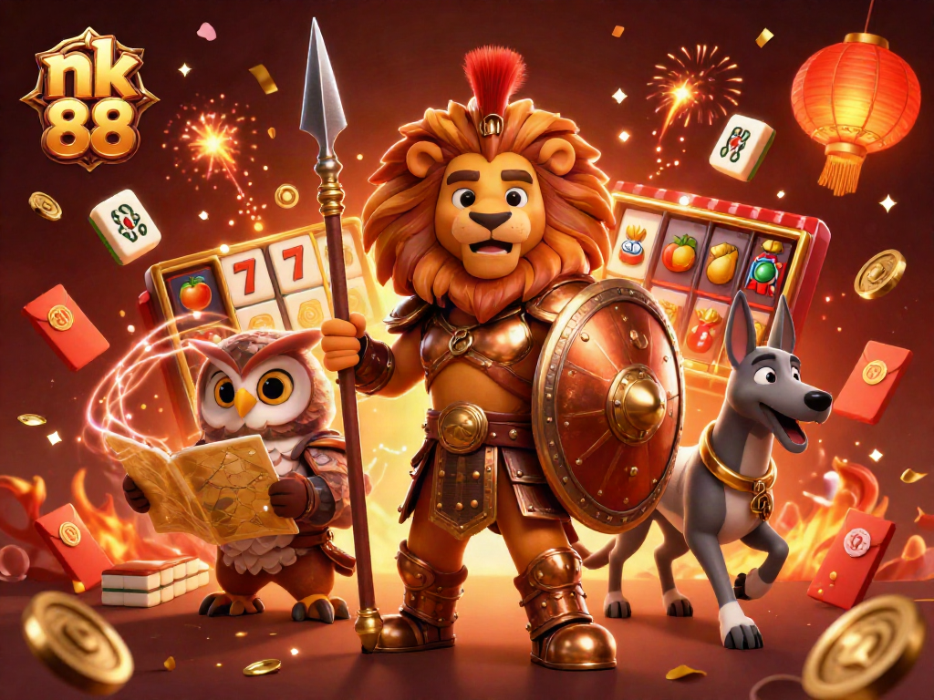 Spin the reels at nk 88 with vibrant characters and celebratory elements in a thrilling casino scene.