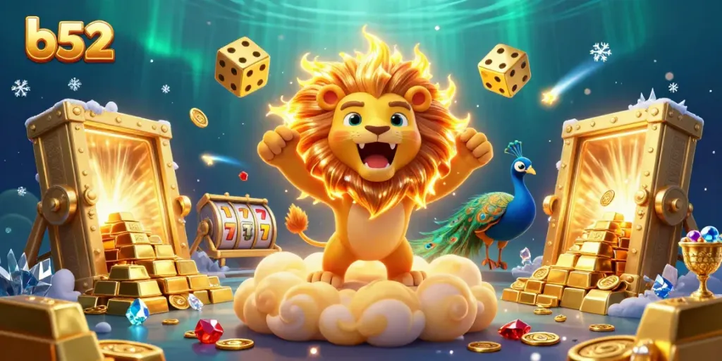Experience the thrill of b52 casino with a vibrant scene filled with golden treasures, playful characters, and dynamic gambling elements.