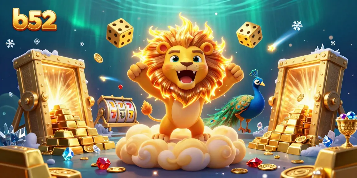 Experience the thrill of b52 casino with a vibrant scene filled with golden treasures, playful characters, and dynamic gambling elements.