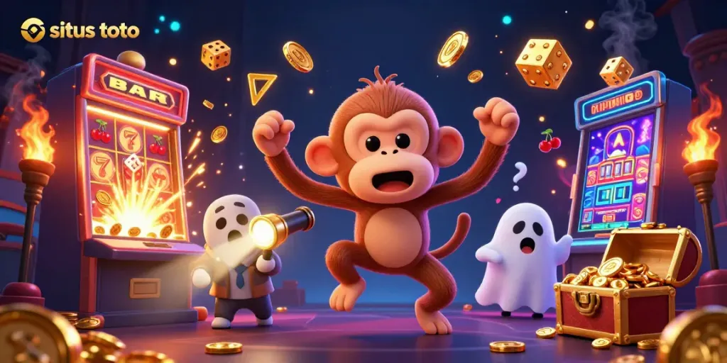 Situs toto interactive scene with a playful ghost monkey and puppy tracking treasures in a vibrant casino.