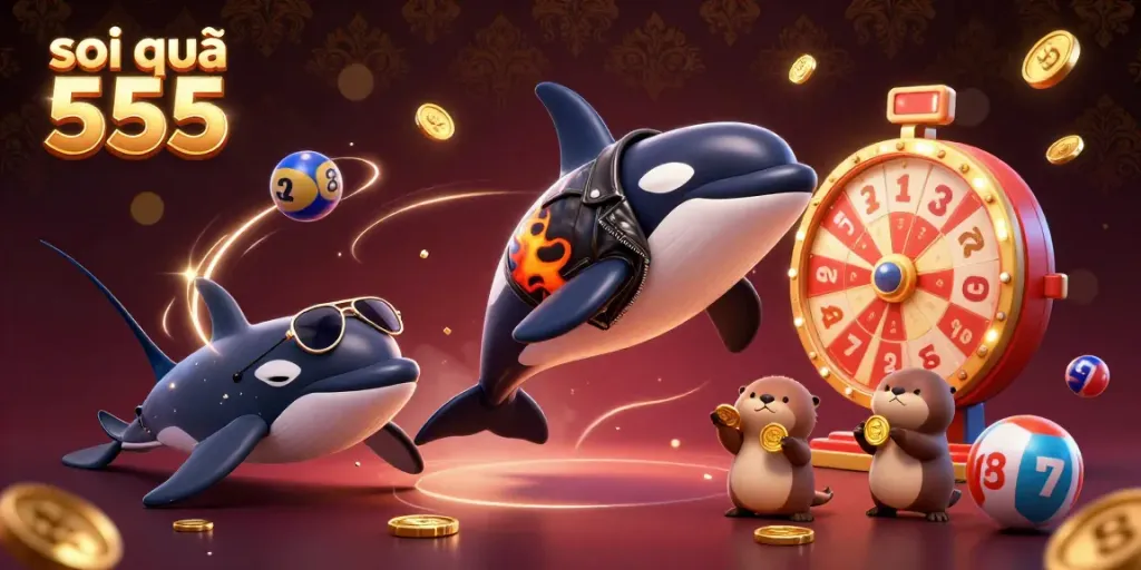 Soi cầu 555 showcases cartoon characters performing exciting lottery activities, highlighted with vibrant casino elements.