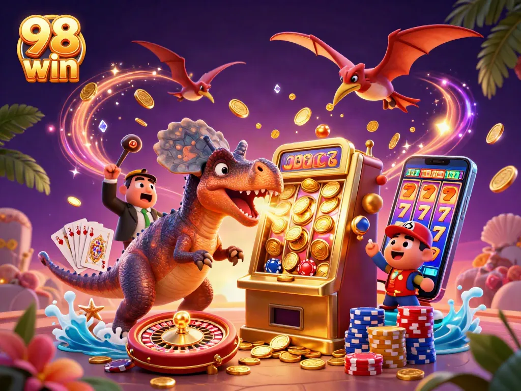Experience the thrill of 98 win as a pachycephalosaurus triggers a jackpot in a vibrant casino scene.