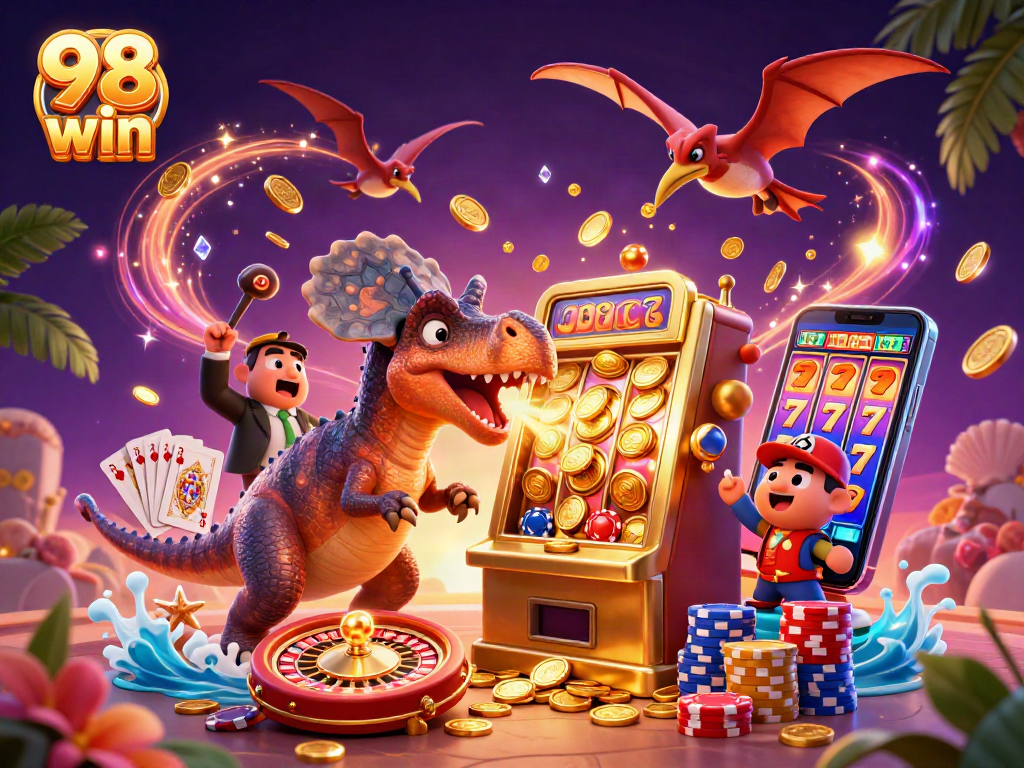 Experience the thrill of 98 win as a pachycephalosaurus triggers a jackpot in a vibrant casino scene.