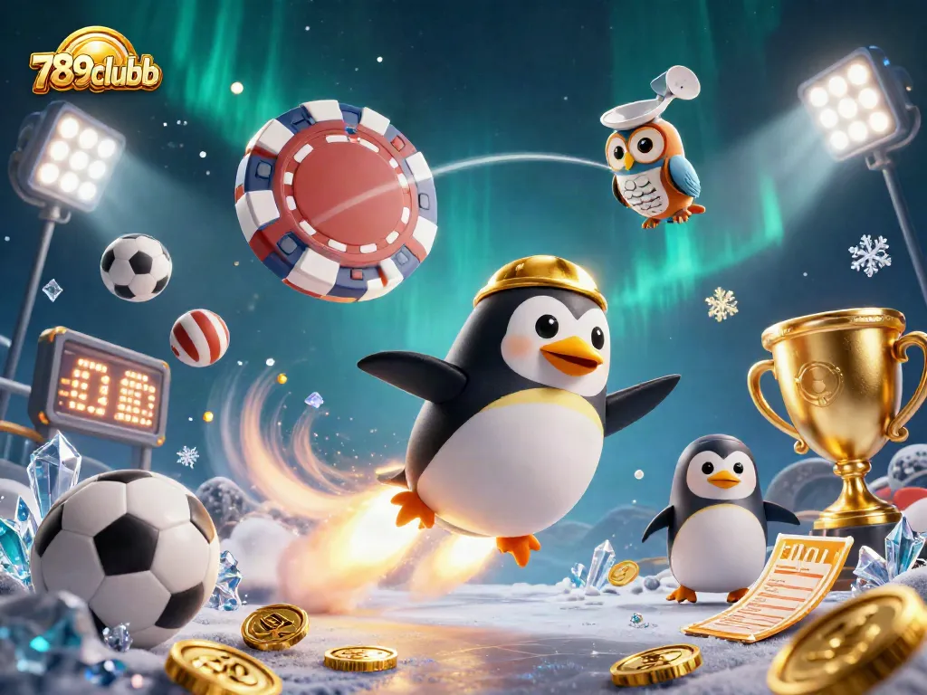 Bet on the excitement of 789clubb with a dynamic scene featuring a golden penguin and sports elements in space.