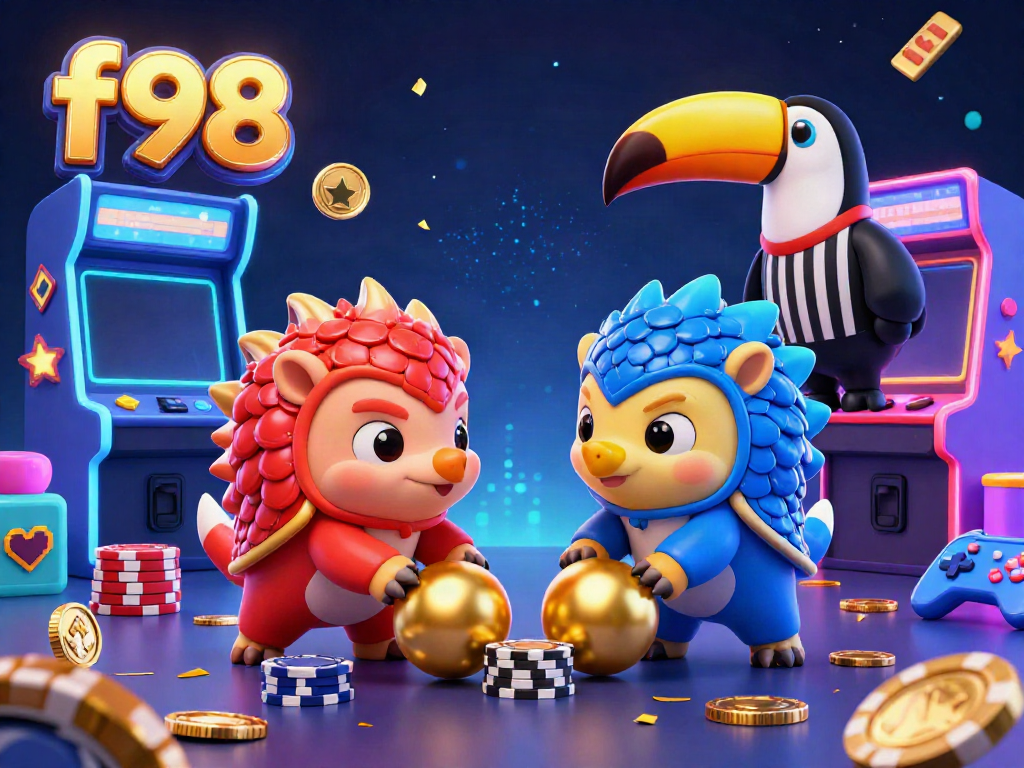 Pangolins in armored suits bowling through poker chips at the f98 casino event with colorful game elements.