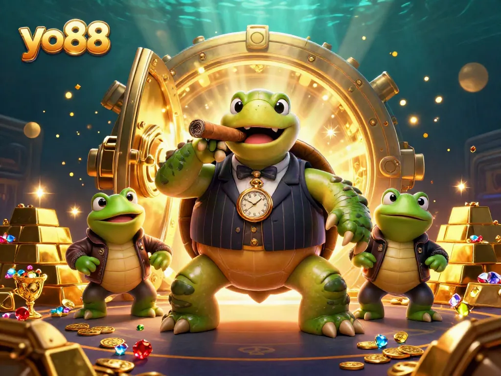 Yo88's captivating cartoon casino scene featuring a turtle mobster and bullfrog enforcers.