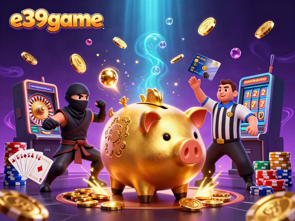 Experience the excitement of e39game with colorful casino elements featuring a golden piggy bank sumo wrestler.