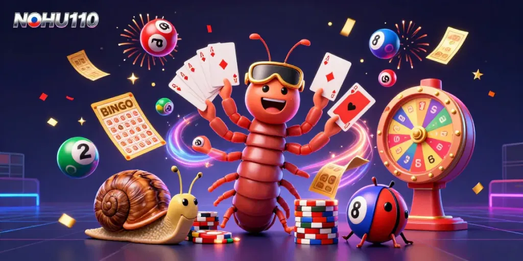 Engage in excitement with NOHU110 as a colorful 3D casino scene bursts with energy and joy.