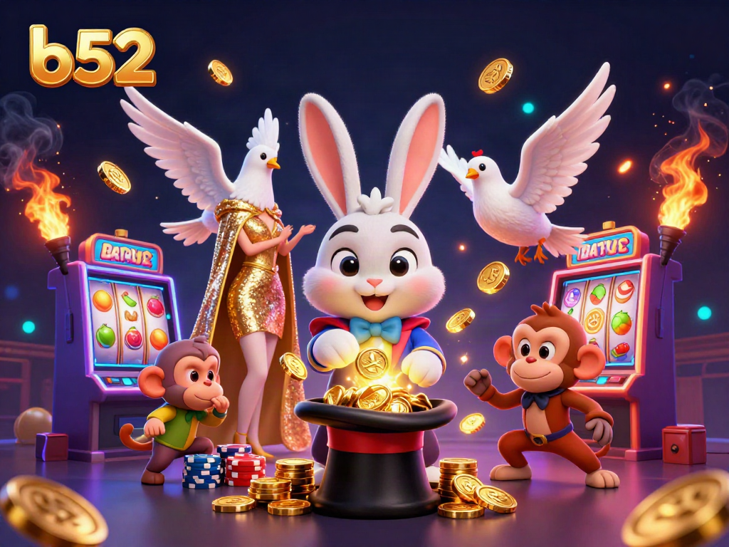Experience the excitement of b52 as a magician rabbit unveils golden coins amidst vibrant slot machines.