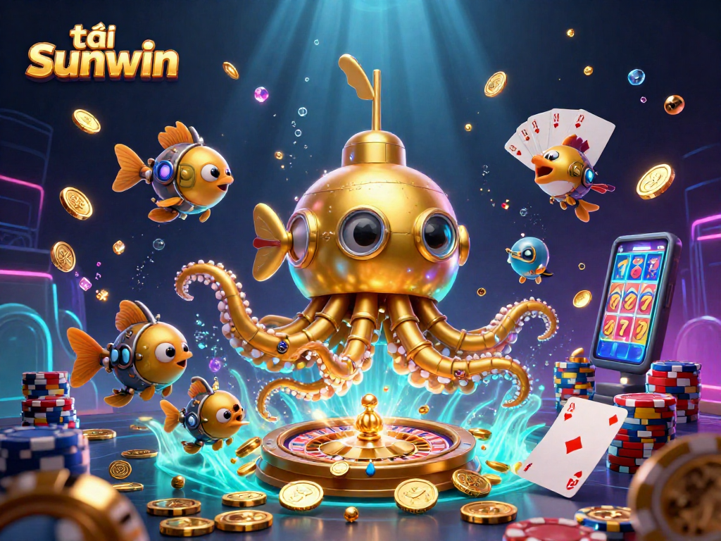Experience the excitement of tải sunwin with a golden kraken submarine amidst cascading coins and a vivid casino scene.