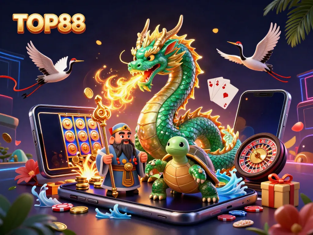 Experience the luck and excitement of TOP88 with a dynamic 3D casino illustration showcasing vibrant gaming elements.