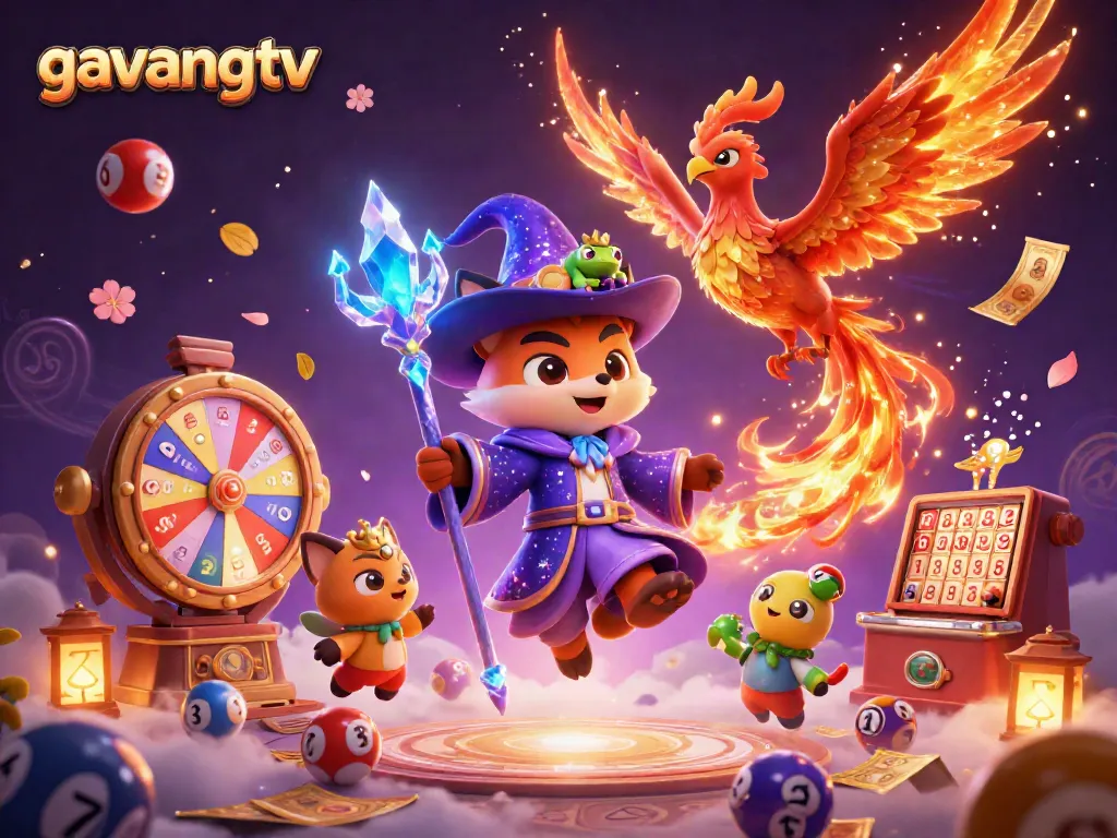 Join the excitement of gambling with gavangtv, featuring colorful lottery elements and mystical characters!