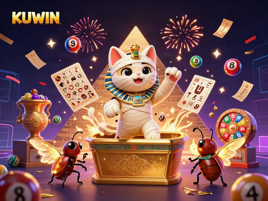 KUWIN showcases a vibrant casino scene with an Egyptian mummy cat, colorful lottery balls, and magical elements, creating a thrilling atmosphere.
